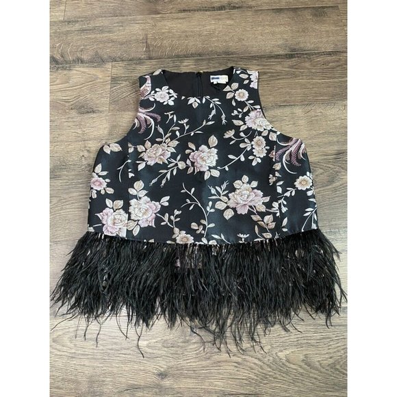 EUC‎ Womens Kate Spade Madison Ave Chinoiserie Padma Top Black Feathers size 8